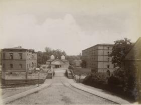 Berlin, Spreeinsel, Mehlhaus mit Mehlbrücke über dem Kupfergraben, sog. Kunstbaracke und Neuer Packhof