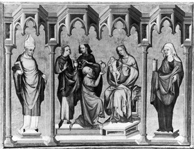 Anbetung der Könige von einem heiligen Bischof und der heiligen Barbara flankiert / Geißelung und Dornenkrönung Christi (Dulderszene)