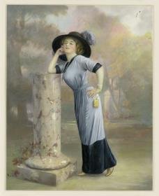 Frau in Tageskleid mit Hut