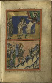 Fragment eines Psalteriums, Bl. 1 recto - Gottes Gebot an Abraham, aus dem Land zu ziehen, Abrahams Auszug