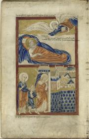 Fragment eines Psalteriums, Bl. 8 verso - Joseph und der Engel, Joseph, Maria und Jesus betreten Bethlehem
