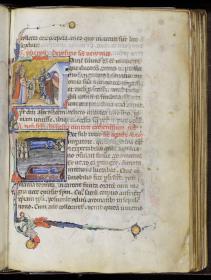 Psalterium und Martyrologium. Darstellungen aus dem Leben der Hl. Theodorus, Sisinus und Alexander: Übergabe des Schweißtuches durch Veronika an zwei Diakone / Begräbnis der hl. Agathe