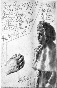 Zehnjähriges Mädchen mit Pelerine, Handstudie einer älteren Person