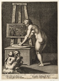 Künstleratelier mit weiblichem Akt und zwei Putten