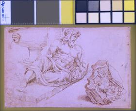 "Marforio" mit Brunnenschale und Friesfragment