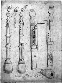 Klarinette und Mundstück-Kapsel von 1630 und Fagott mit Mündung