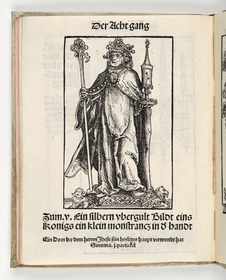Wittenberger Heiltumsbuch: Statuette von einem König, eine Monstranz in der Hand