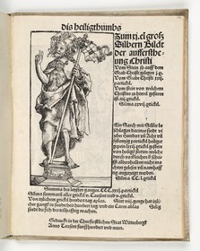 Wittenberger Heiltumsbuch: Silberstatuette des auferstandenen Jesus mit Heilsfahne. Wittenberger Heiltumsbuch