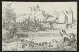 Flusslandschaft mit Holzbrücke und Wehr, rechts im Vordergrund eine Familie