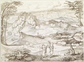 Italienische Landschaft in der Cervara mit Landleuten, Hirten und Schafen