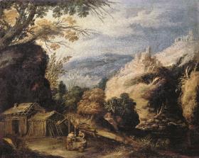Bergige Landschaft mit Bauernpaar am Brunnen