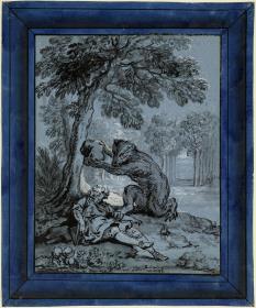 Ein Bär erschlägt einen schlafenden Mann mit einem Stein (Studie für die druckgraphische Illustration von "L'Ours et l'amateur des jardins" (Der Bär und der Gartenliebhaber) von La Fontaines "Fables choisies")