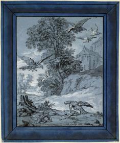 Eine Gruppe Raubvögel jagt einige Tauben (Studie für die druckgraphische Illustration von "Les vautours et les pigeons" (Die Geier und die Tauben) von La Fontaines "Fables choisies")