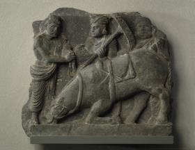 Erzählende Szene (Fragment): Der Abschied des Siddhartha Gautama von Pferd (Kanthaka) und Diener (Chandaka)