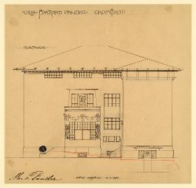 Darmstadt, Projekt Wohnhaus und Stallgebäude für Dr. von Pander, Aufriss der rückwärtigen Fassade des Wohnhauses