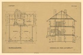 Darmstadt, Projekt dreier Hausentwürfe für die Gartenvorstadt am Hohlen Weg, zweigeschossiges Haus, Grundriss des Obergeschosses und Schnitt