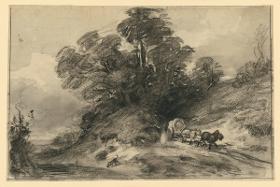 Landschaft mit Planwagen