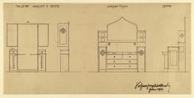 Darmstadt, Zimmer für K. Rapp, Schlafzimmer, Aufrisse und Seitenansichten von Toilettenschrank und Waschtisch