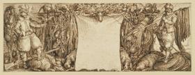 Titelblatt zu zwölf Jagddarstellungen mit einem Jäger und einem Fischer  mit Jagd- und Fischereigerät, Vorzeichnung für die radierte Folge von verschiedenen Stechern, 1612 verlegt in Amsterdam bei Claes Jansz. Visscher