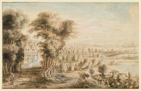 Landschaft mit Waldweg links, der auf zwei Giebelhäuser zuführt
