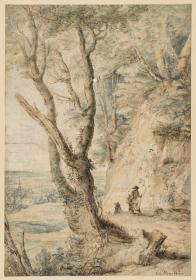 Landschaft mit großem Baum in der Mitte vorn