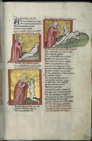 Toggenburg-Bibel. Die Schöpfungsgeschichte. Die Erschaffung Adams, Gott haucht Adam Leben ein, Gott zieht Eva aus der Seite des schlafenden Adam