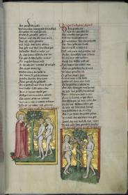 Toggenburg-Bibel. Die Schöpfungsgeschichte. Gott verbietet Adam und Eva den Baum der Erkenntnis. Der Sündenfall