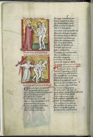 Toggenburg-Bibel. Die Schöpfungsgeschichte. Gott fragt Adam und Eva nach dem Sündenfall. Vertreibung aus dem Paradies