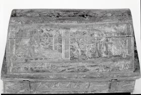Holzkassette, beklebt mit kolorierten Holzschnitten mit Jagd-, Garten- und Festszenen