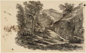 Gebirgslandschaft, links Baumgruppe, daneben karikierte Köpfe