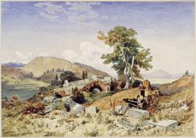 Der Burgberg von Pergamon zu Beginn der Ausgrabungen: Landschaft mit den Ruinen des Aeskulaptempels