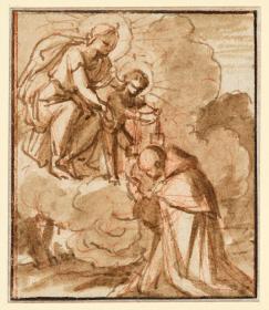 Die Madonna auf Wolken erscheint dem heiligen Franz (?), Vorzeichnung für eine Illustration zu einem Andachtsbuch