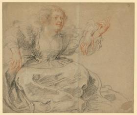 Sitzende junge Frau mit erhobenem Arm, Figurenstudie zum Liebesgarten (Prado, Madrid)