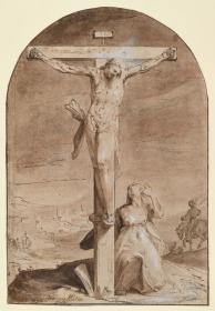Christus am Kreuz mit Maria Magdalena, Vorzeichnung zum gleichnamigen, seitenverkehrten Stich