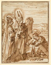 Ein Heiliger, vor dem die Insignien der Bischofswürde am Boden liegen, umfasst kniend das Kreuz, während ihm von einem hl. Bischof links ein Ordensgewand dargereicht wird, Vorzeichnung für die Illustration zu einem Andachtsbuch