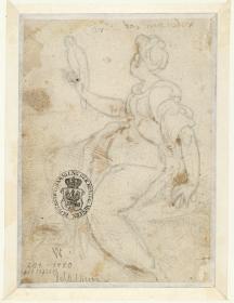 Allegorie der Hoffnung (Spes), weibliche Gestalt mit Jagdfalke und Anker (nachgezogen vom Recto)