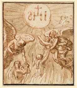 Engel holen Seelen aus dem Fegefeuer, darüber das Christusmonogramm, Vorzeichnung für eine Illustration zu einem Andachtsbuch