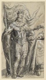 Ein König, stehend, von vorn, in Rüstung und Hermelinmantel, mit dem goldenen Vlies geschmückt, in der Rechten eine Kreuzesfahne, in der Linken ein Kruzifix haltend.