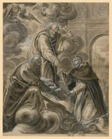 Die Gründung des Dominikanerordens. Der Ordensstifter zusammen mit Petrus und Paulus