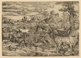 Landschaft mit Melkerin