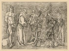 Die Heiligen Sebastian mit dem Pfeil in der Brust, Franziskus mit dem Kreuz, Antonius mit der Lilie, Petrus mit dem Schlüssel, Nicolaus von Myra mit dem Buch und dem Krummstab und Katharina mit dem Palmzweig