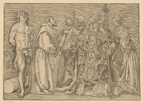 Die Heiligen Sebastian mit dem Pfeil in der Brust, Franziskus mit dem Kreuz, Antonius mit der Lilie, Petrus mit dem Schlüssel, Nicolaus von Myra mit dem Buch und dem Krummstab und Katharina mit dem Palmzweig