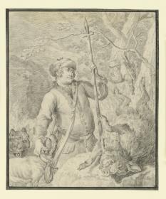 Seitenstück zur vorigen Zeichnung. Vornehmer Jäger, Kniestück nach rechts, mit einer Lanze in der Linken, links zwei Hunde, rechts ein erlegter Eber und eine am Baum hängende Ente