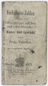 Verhältniss-Zahlen zwischen dem bisher gültigen und dem neu einzuführenden Maass und Gewicht nebst Preis-Tabellen.