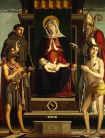 Thronende Maria mit dem Kind und dem heiligen Johannes dem Täufer, Franziskus von Assisi, Sebastian und Nicolaus von Bari