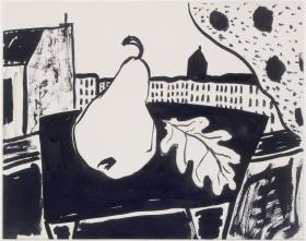 Birne und Eichenblatt (Stilleben am Fenster)
