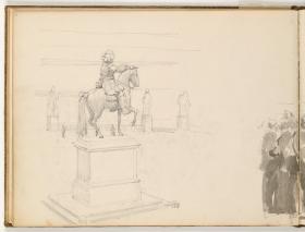Doppelseite: Reiterdenkmal und Standbilder / Auszeichnungen von Soldaten auf einem Platz in einer französischen Stadt