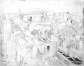 Baustelle mit zahlreichen Arbeitern