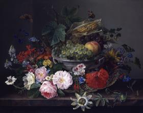 Blumenstilleben mit Fruchtkorb