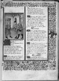 Alain Chartier, Oeuvres poetiques. Dreiseitige Textumrahmung aus Dornblattranken, buntem Blattwerk und Blüten sowie Helmzier und Wappen und Spruchband. Bildminiatur: Vor einem Tor ein junger Edelmann "Le vassault", auf den von rechts ein alter Ritter "Le herault" und von links ein Landmann "Le villain" einreden.